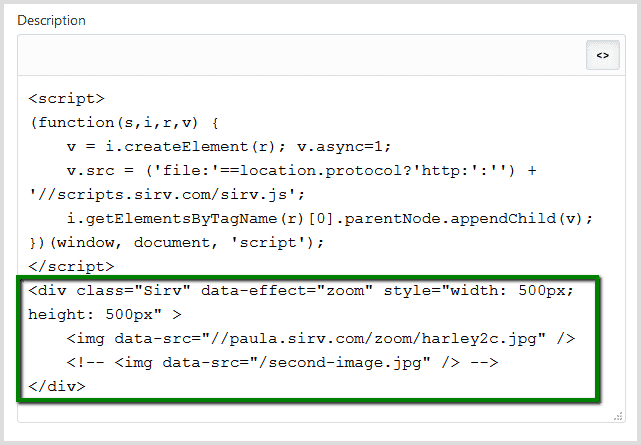 Paste Sirv Zoom div code into Shopify Paste Sirv Zoom div code into Shopify