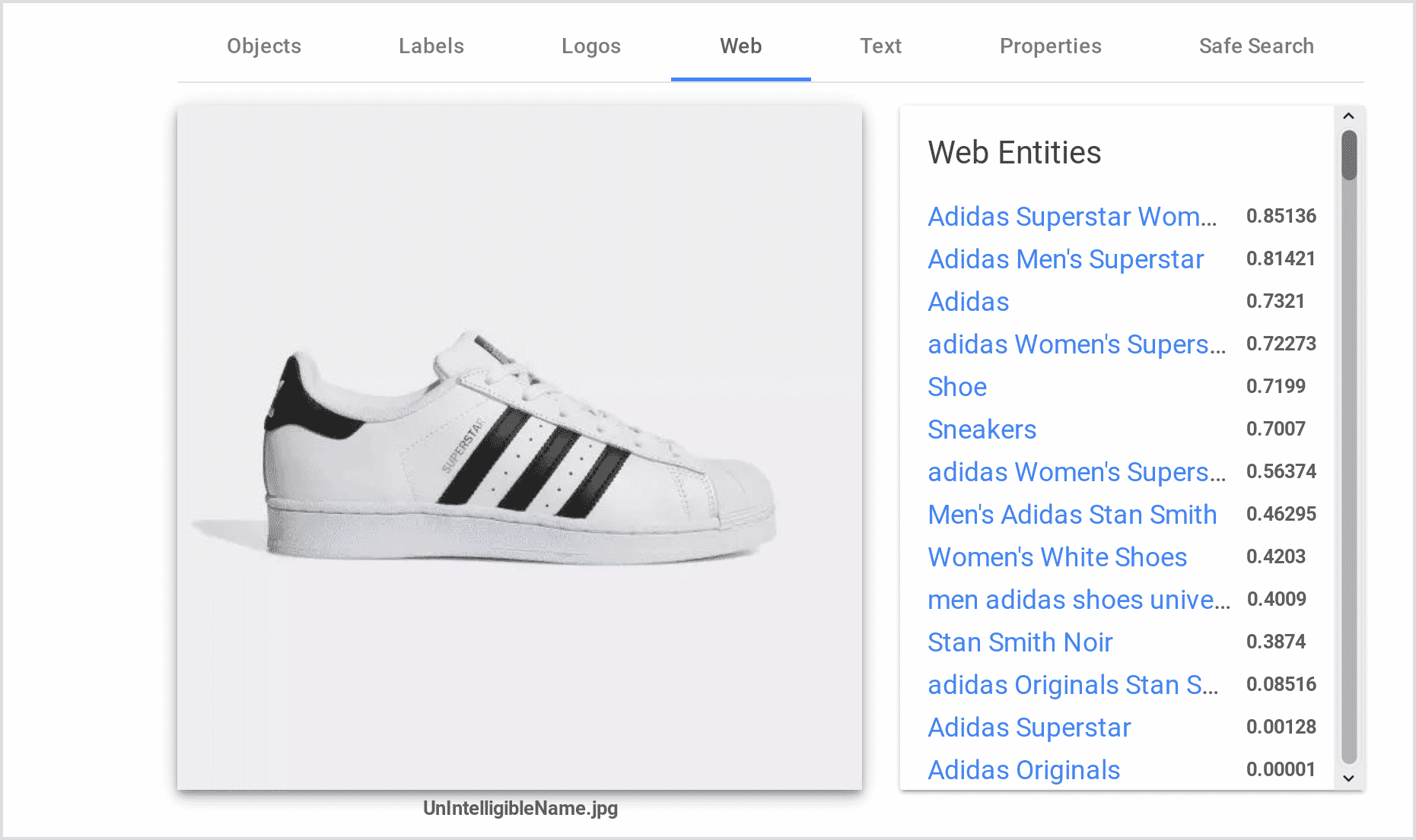 Adidas shoe completely recognized by Cloud Vision AI