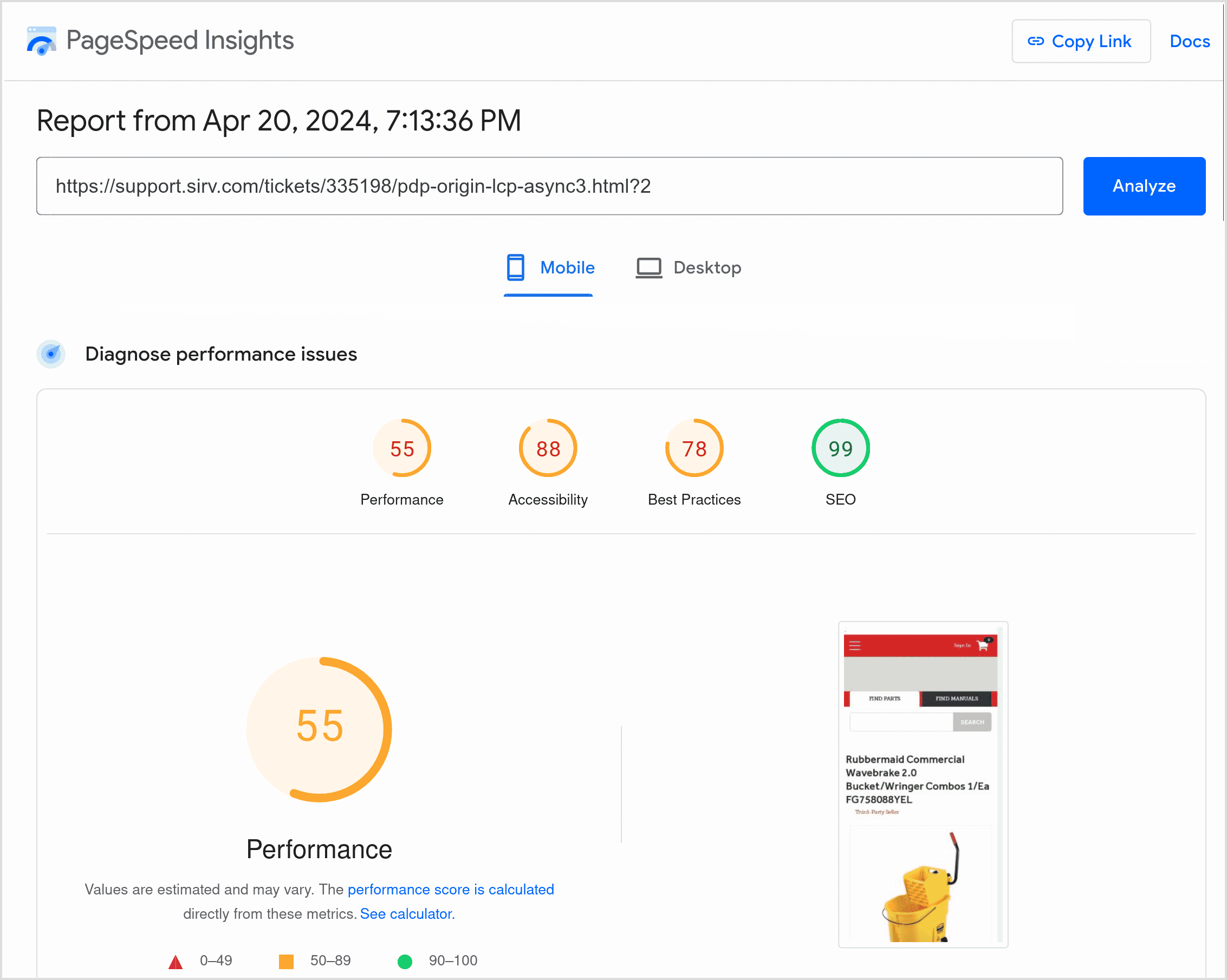 PageSpeed Insights report, after HTML page optimisation