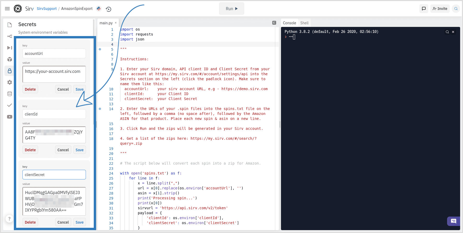Fork the Amazon 360 spin repl created by Sirv, then configure your settings