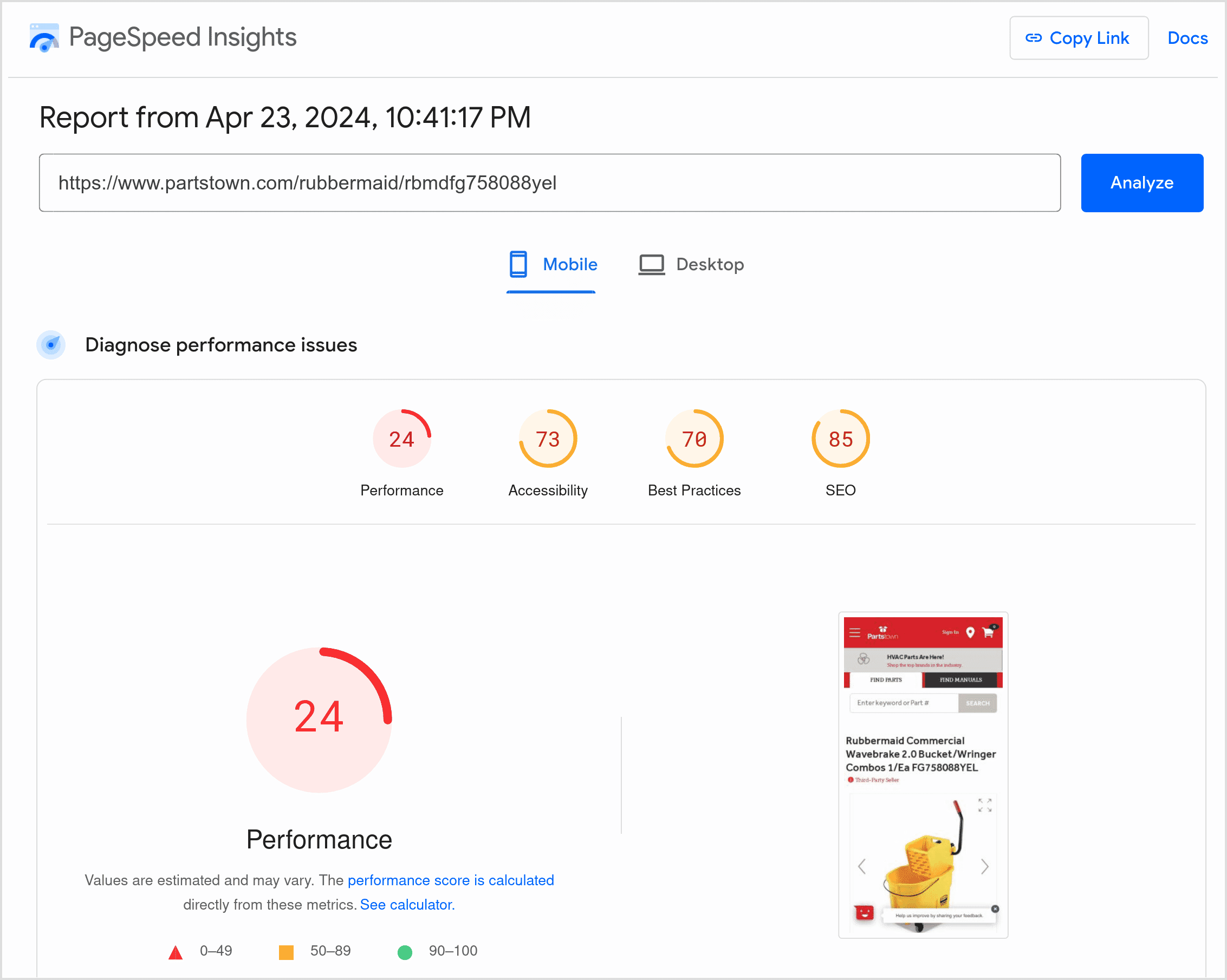 PageSpeed Insights report, before HTML page optimisation