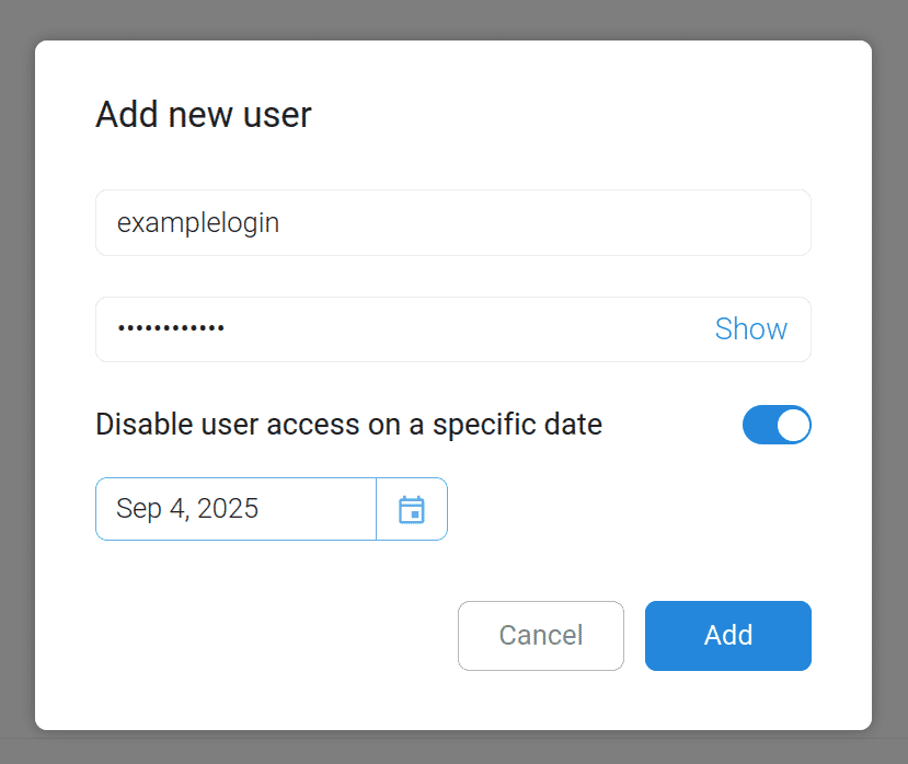 Enter the username, password and expiry date for the HTTP auth login
