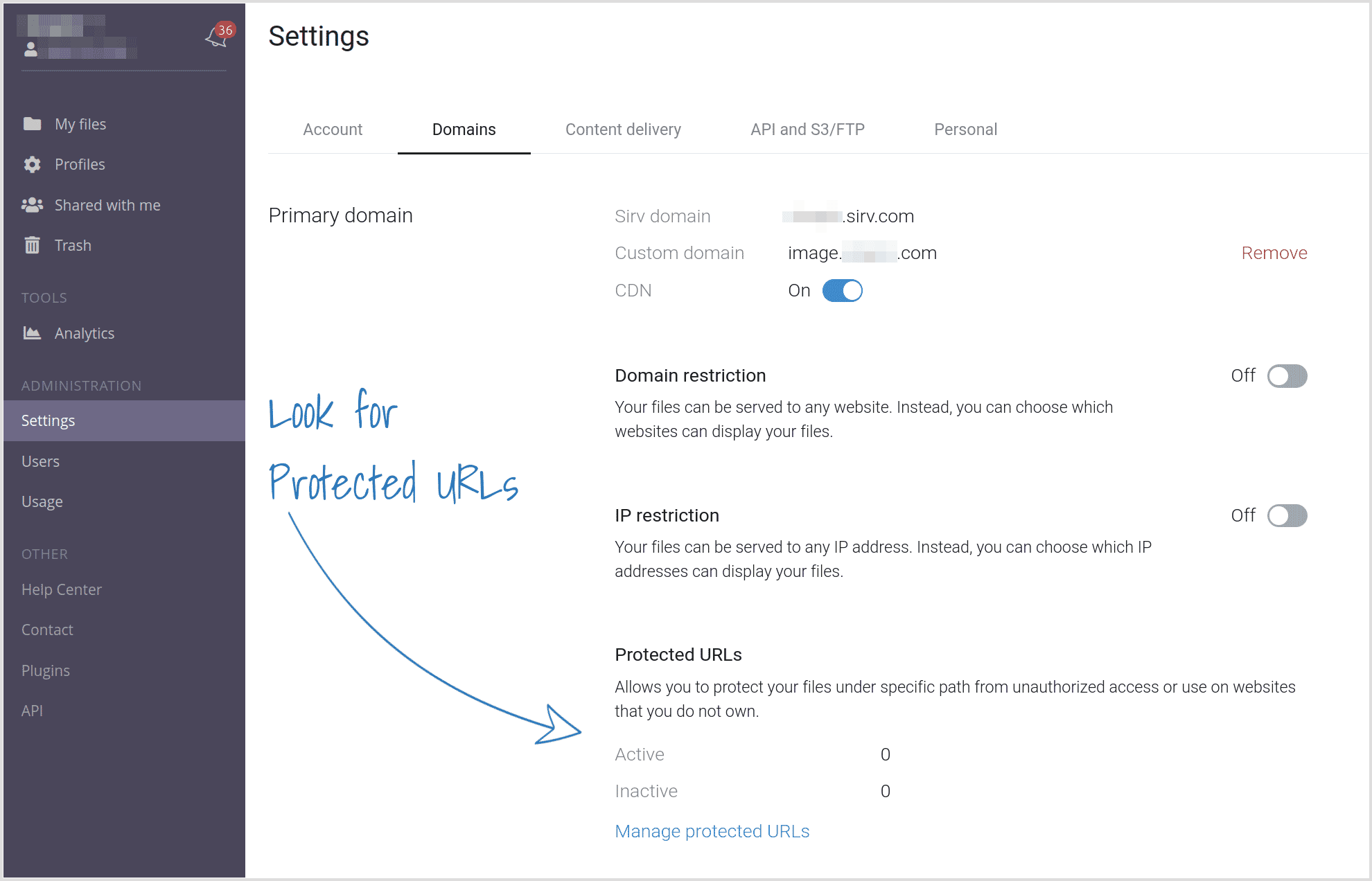 Protected URLs section in Sirv account