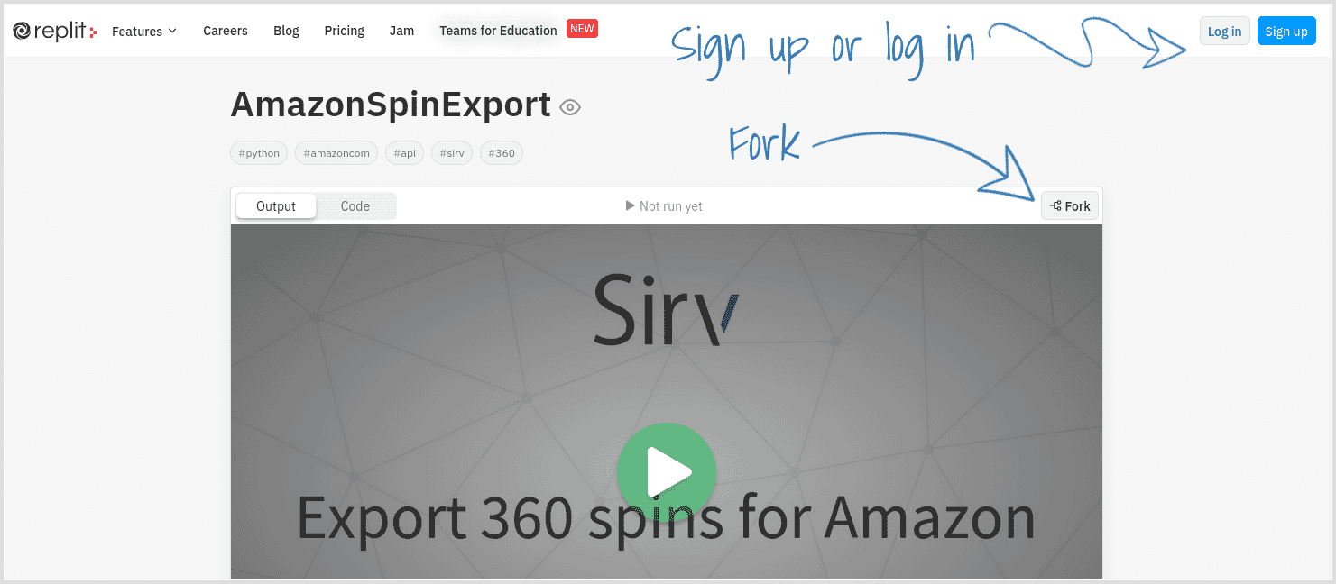 Fork the Amazon 360 spin repl created by Sirv, then configure your settings