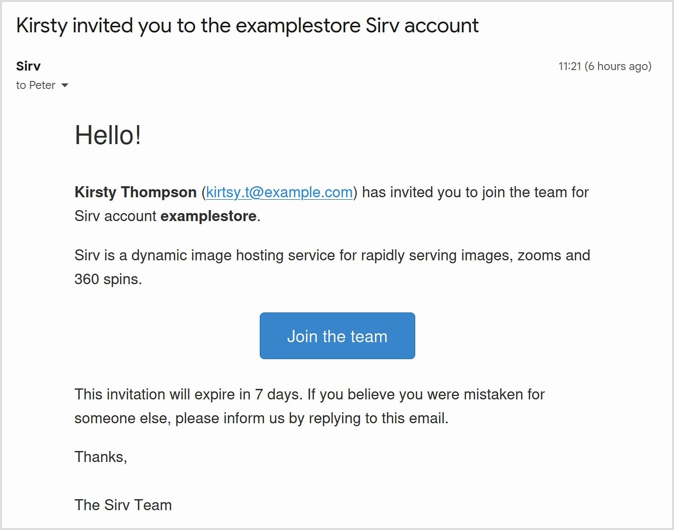Screenshot of the invitation email