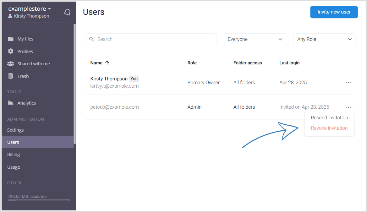 Screenshot of the revoke invitation option
