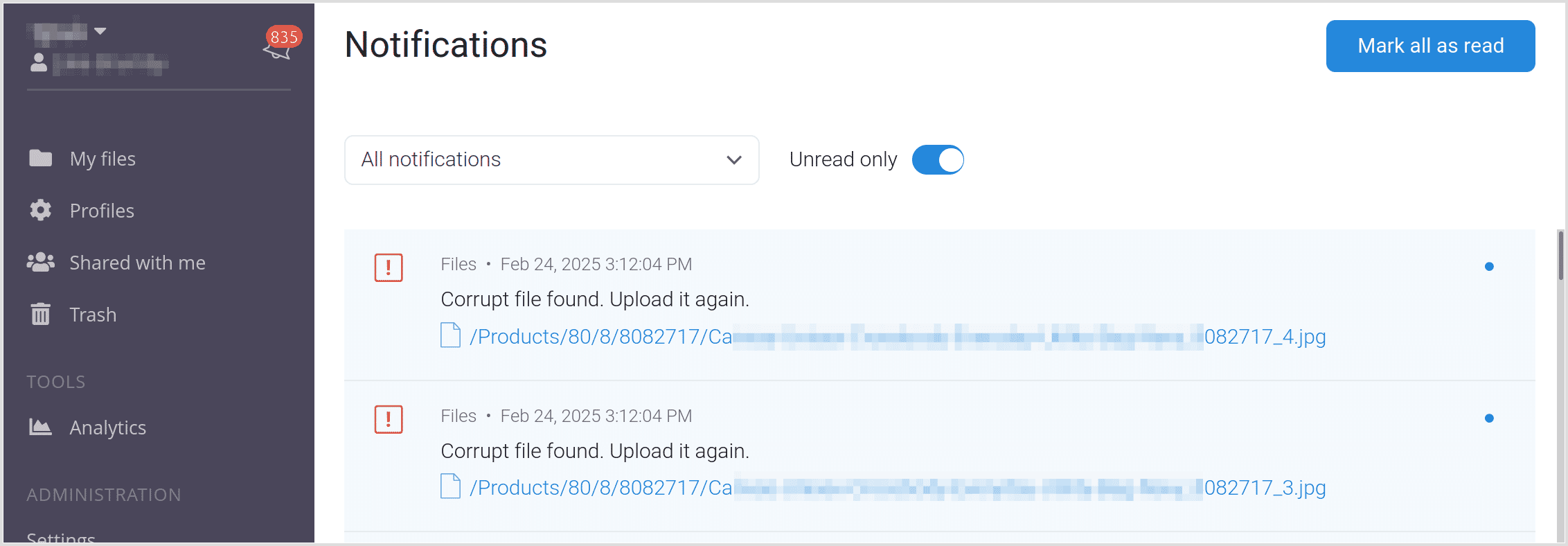 Corrupt image notification screenshot