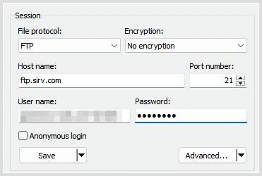 WinSCP ftp login screen