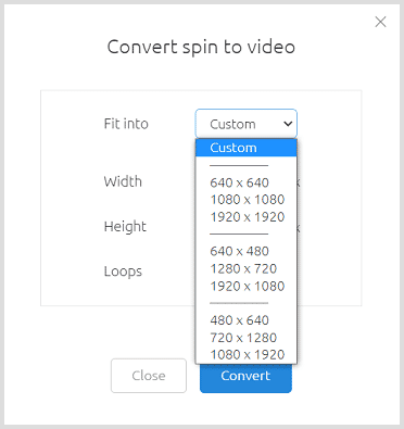 Screenshot of converting spin to video menu Fit into options