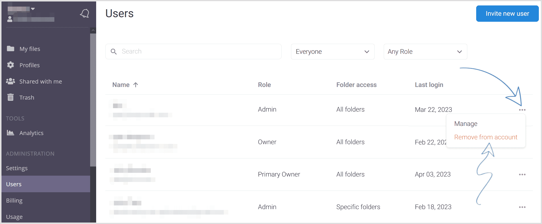 Click to remove user from account