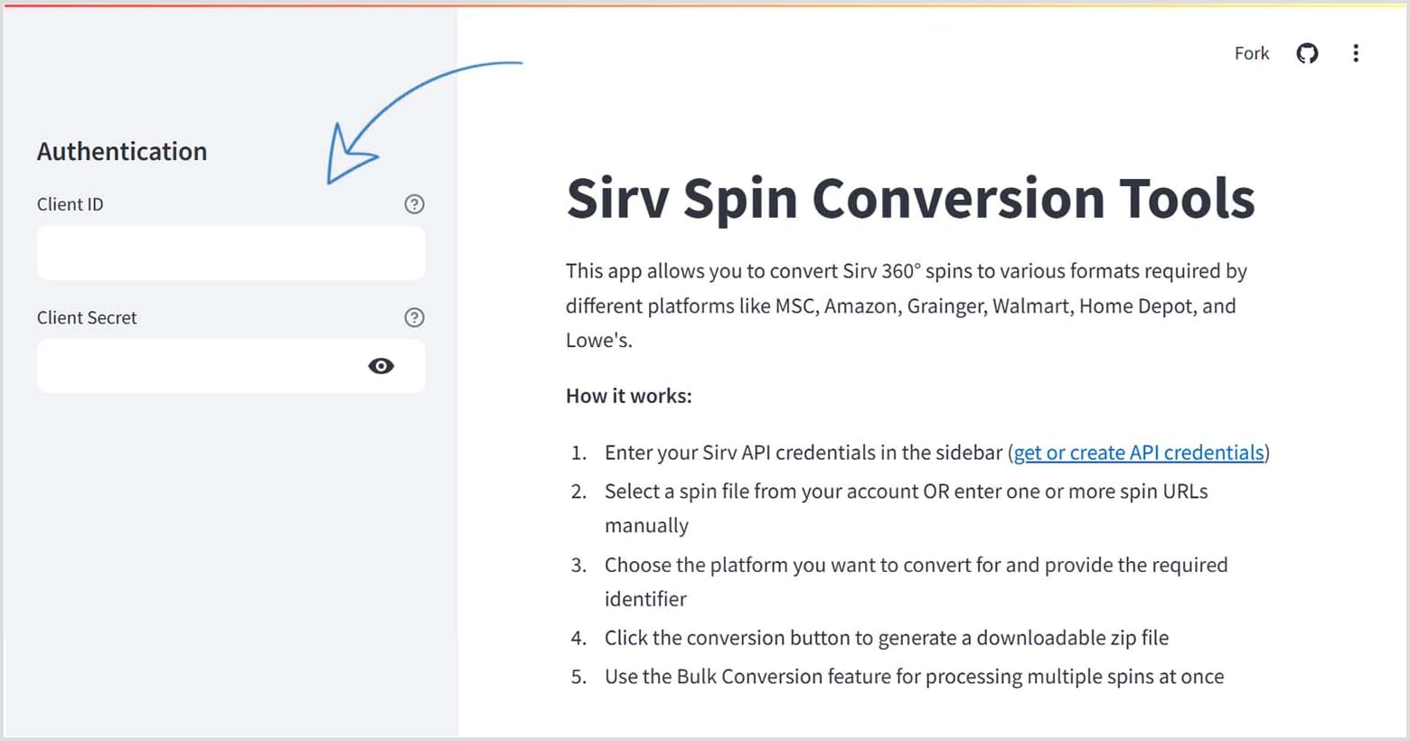 Enter your Sirv API credentials in the sidebar
