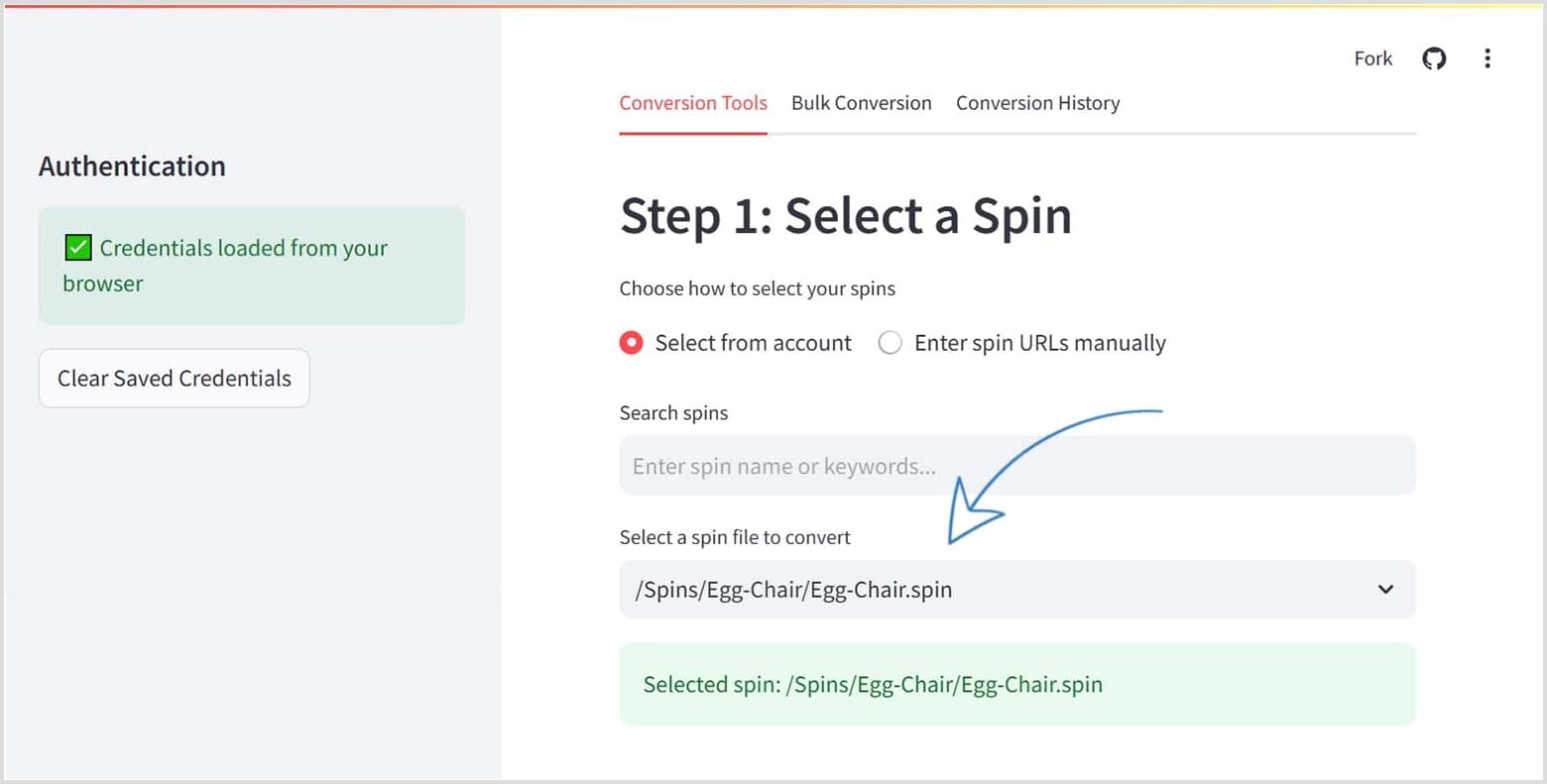 Select a spin to convert