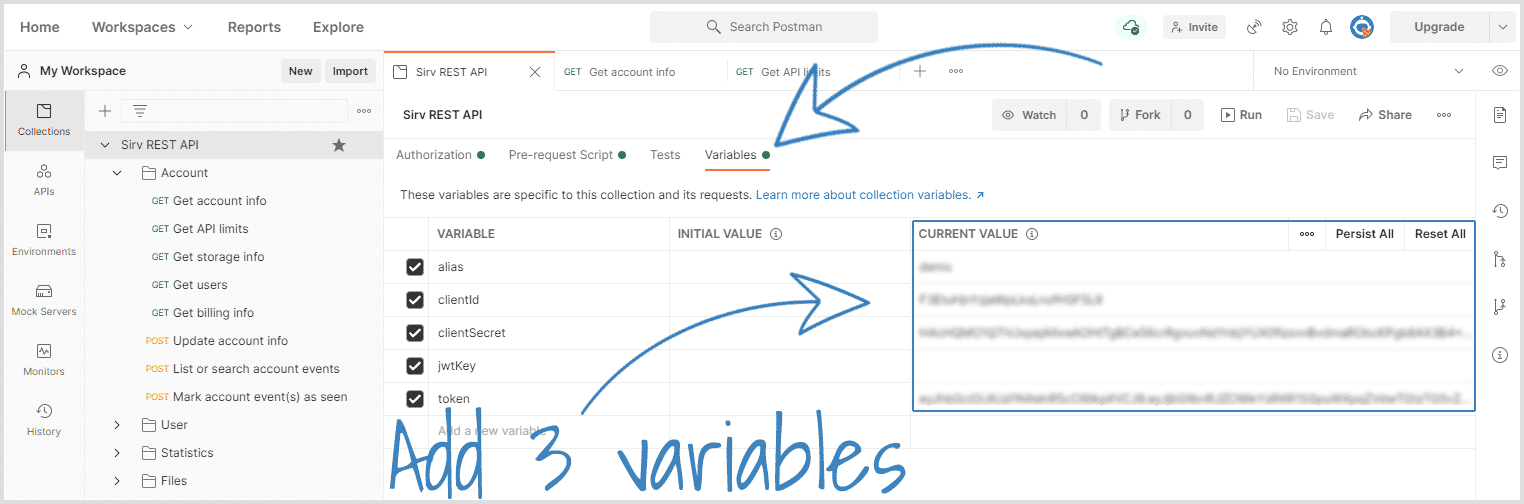 Enter API variables into Postman