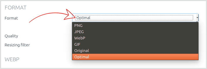 Optimal format applies PNG, JPEG or WebP