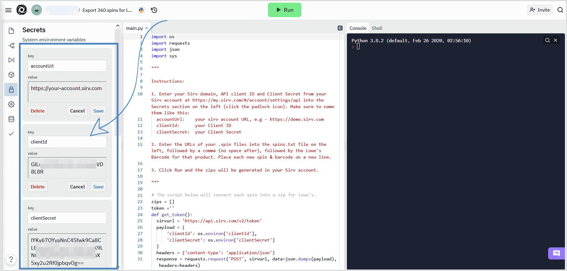 Fork the Lowe's 360 spin repl created by Sirv, then configure your settings