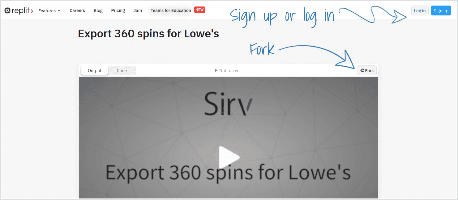 Fork the Lowe's 360 spin repl created by Sirv, then configure your settings