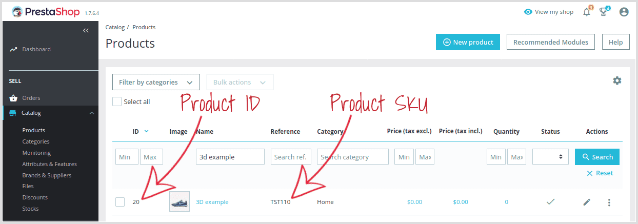 PrestaShop product ID and SKU
