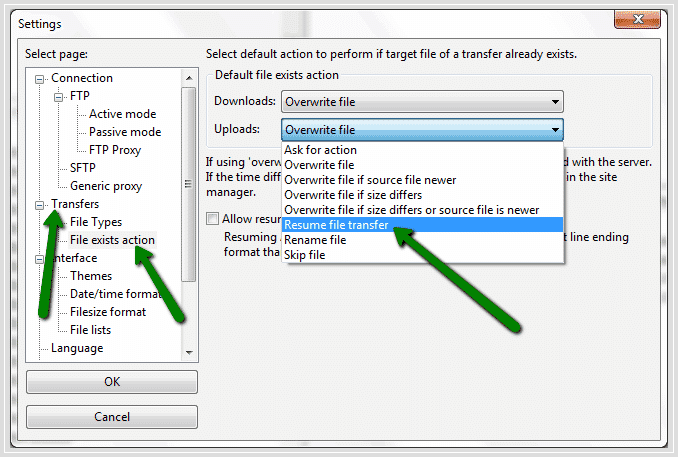 FileZilla resume downloads