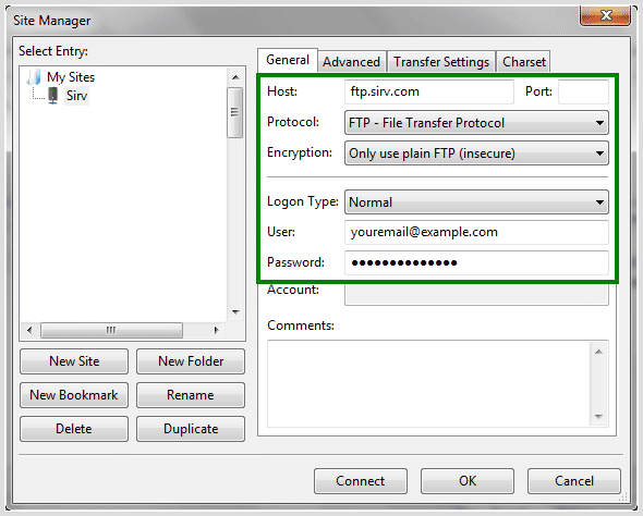 FileZilla login details