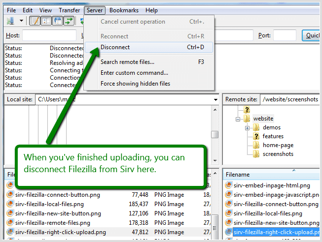 Disconnect FileZilla from server