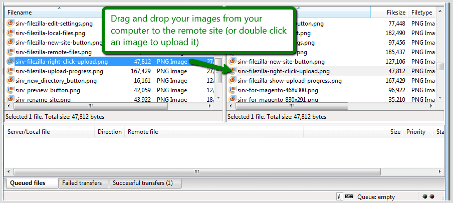 FileZilla upload drag and drop