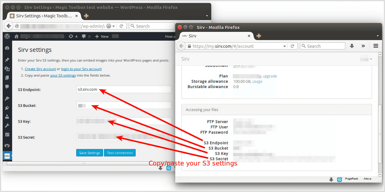 Copy S3 details from Sirv to WordPress