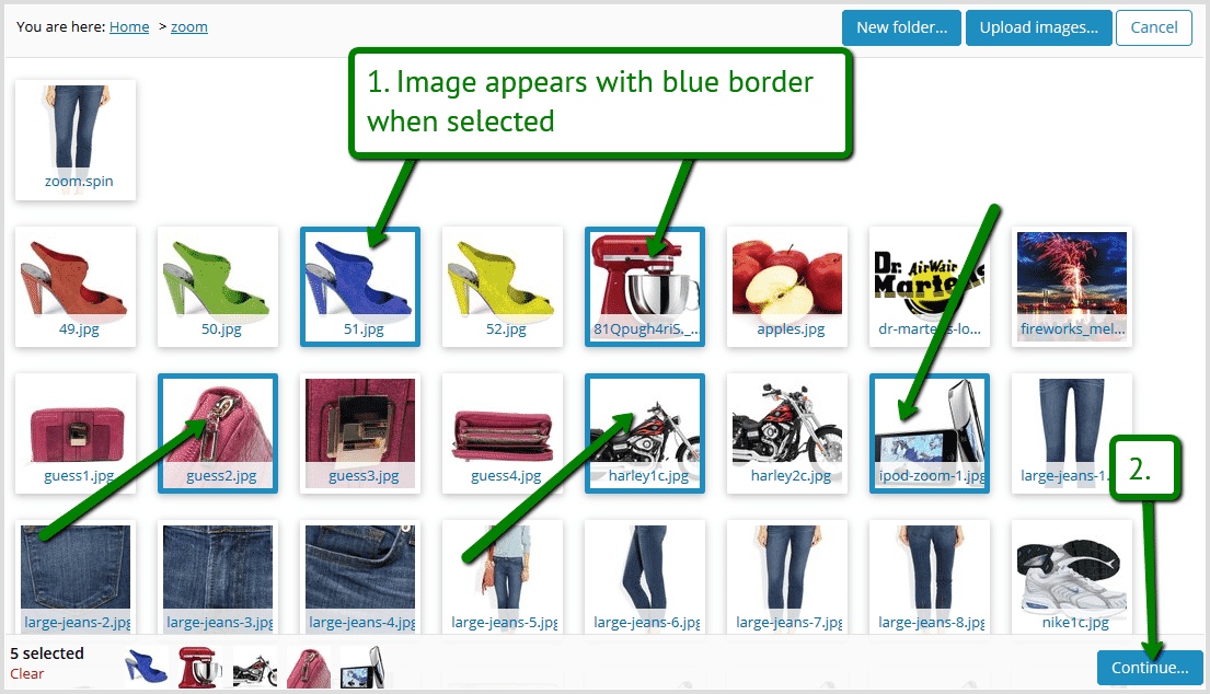 Select zoom images in Sirv Library