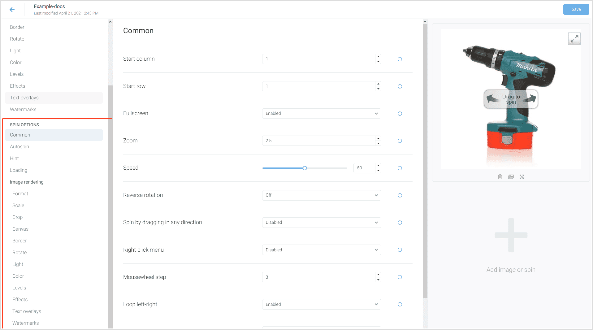 Screenshot: 360 spin settings Screenshot: 360 spin settings