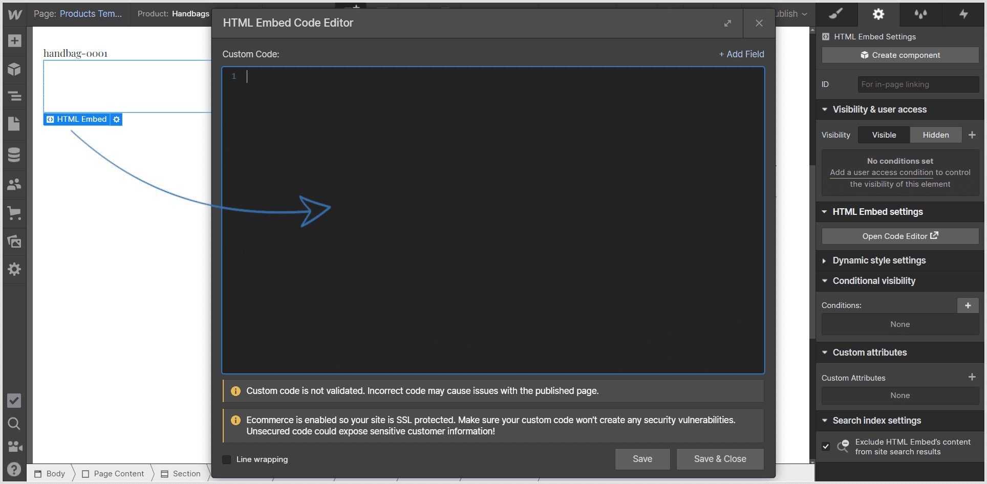 Webflow HTML Embed Code Editor