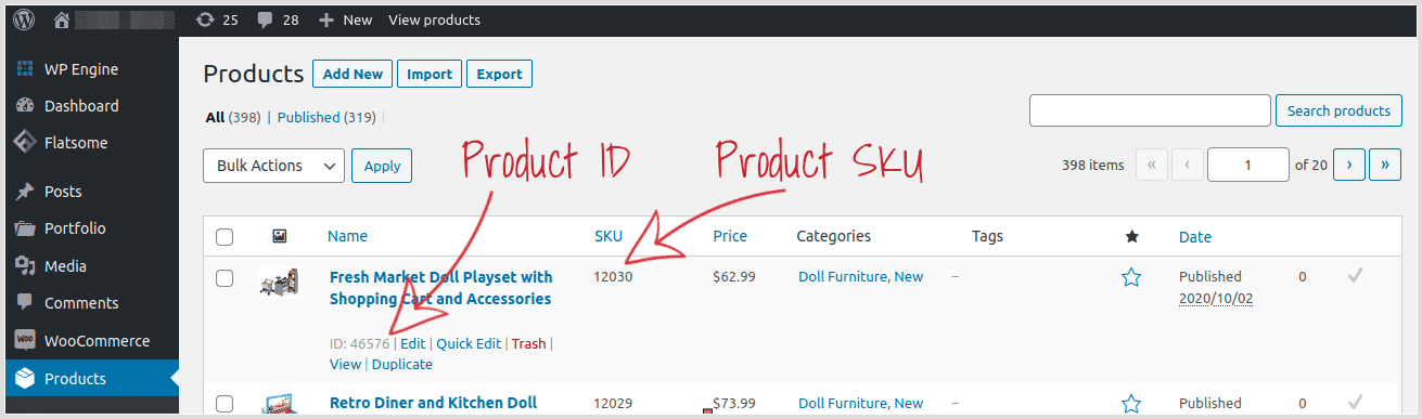 WooCommerce product SKU and ID